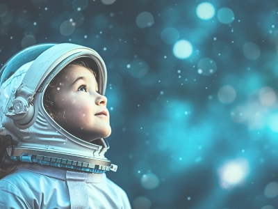 child wearing astronaut costume looks up into space