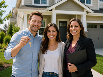 realtor and young couple holding new home keys stand in front of home