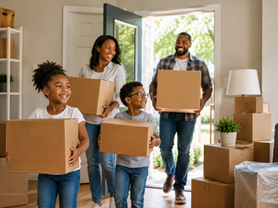 Mom Dad and 2 children carrying moving boxes into a new home