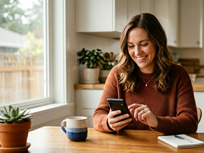 woman sitting at kitchen table tapping on phone screen