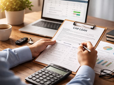 man looks at Car Loan paperwork on a clipboard