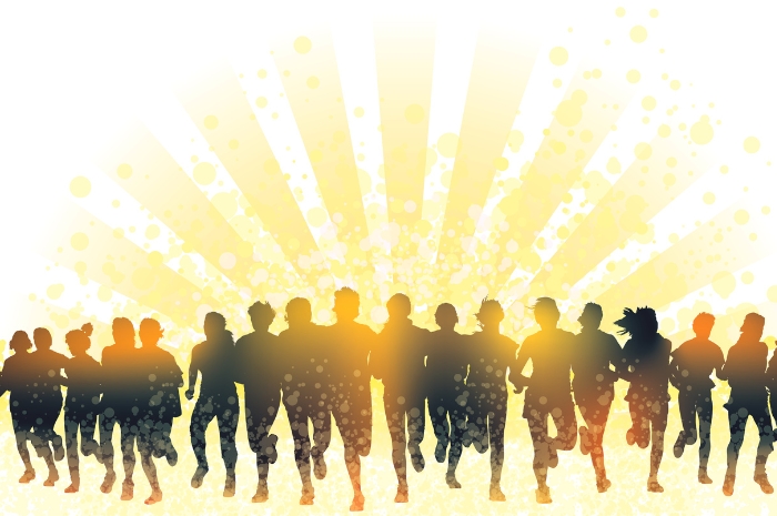 silhouettes of marathon runners against sunbeam background