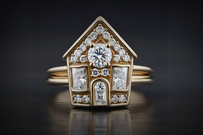 gold ring shaped like a house, with diamonds for windows