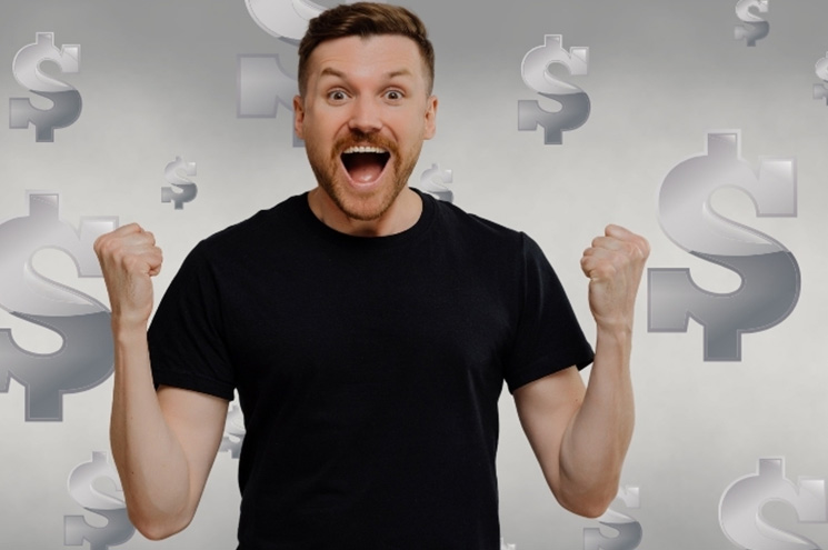 man celebrating with floating dollar symbols in background