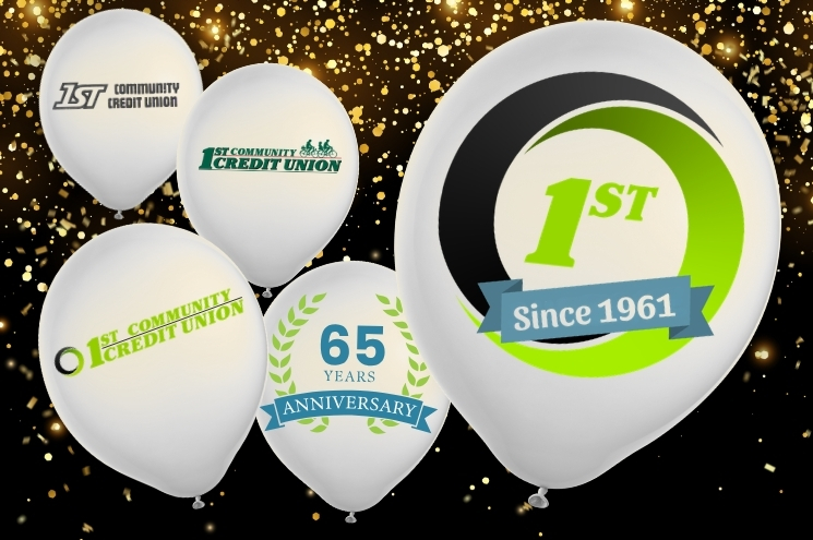 balloons with 1st CCU logos on a confetti background