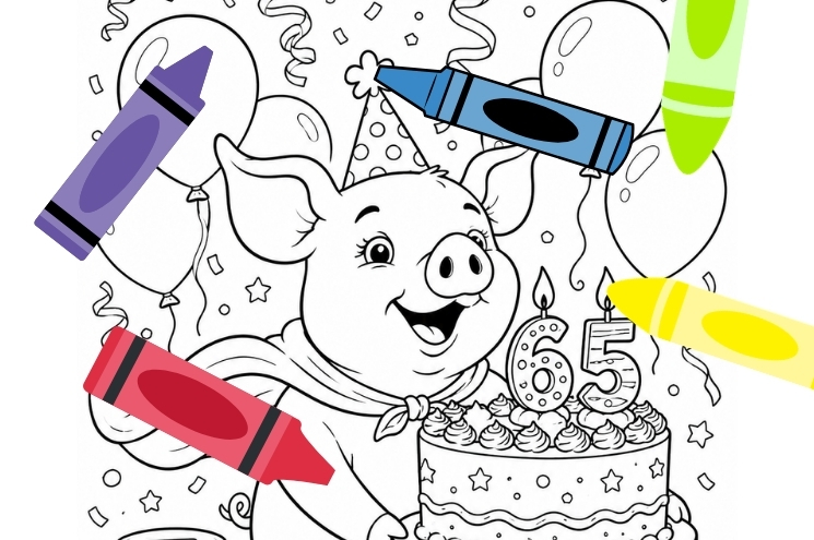 coloring page of pig celebrating birthday