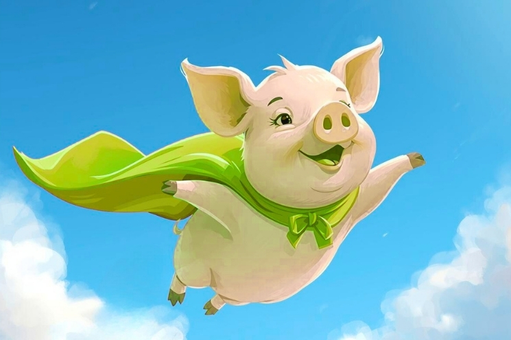 illustration of flying pig wearing superhero cape