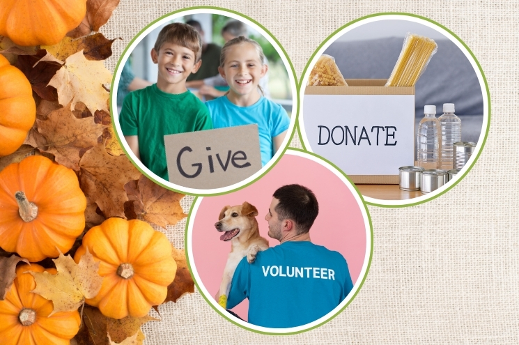 3 images symbolizing giving, donating, and volunteering
