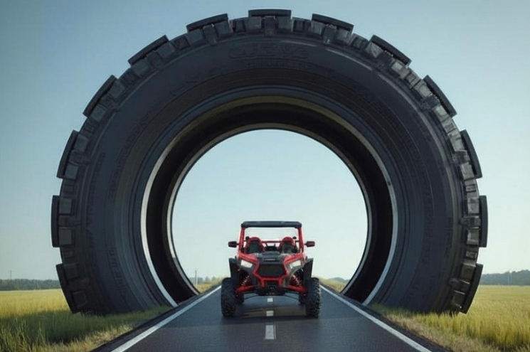 concept of a UTV driving through a giant rugged tire