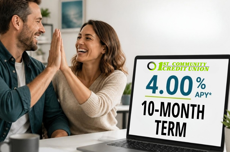 man and woman high-five each other next to laptop saying 4.00% for 10 month term