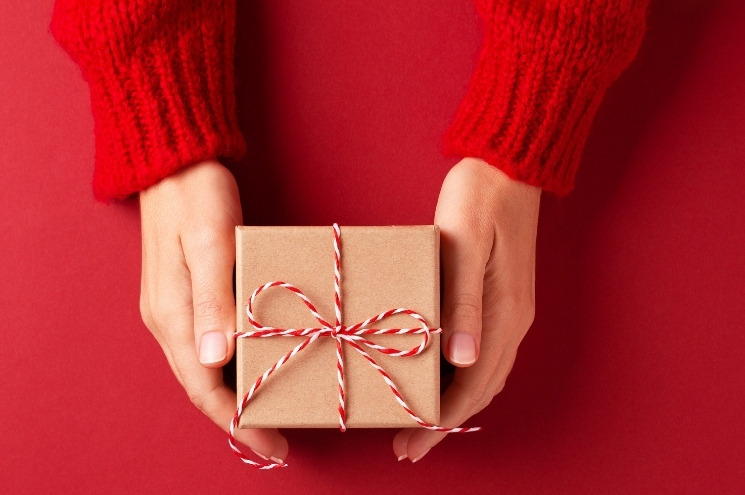 two female hands holding a gift-wrapped box