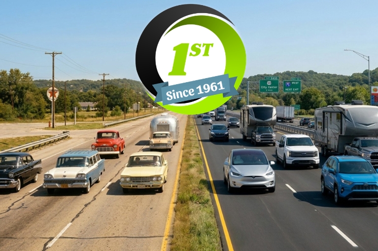 split screen showing vehicles on a road in 1960s and 2020s