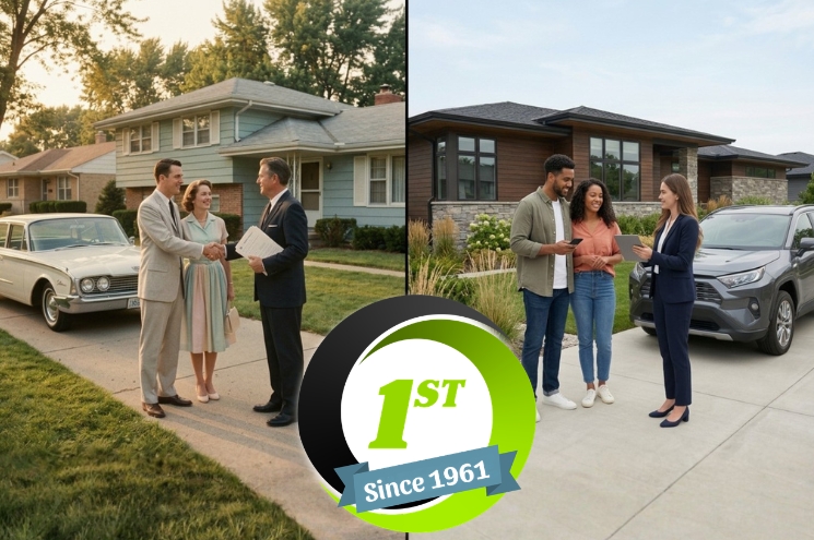 split screen showing 1960s homebuyers and 2020s homebuyers