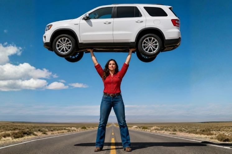 woman holding a white SUV above her head