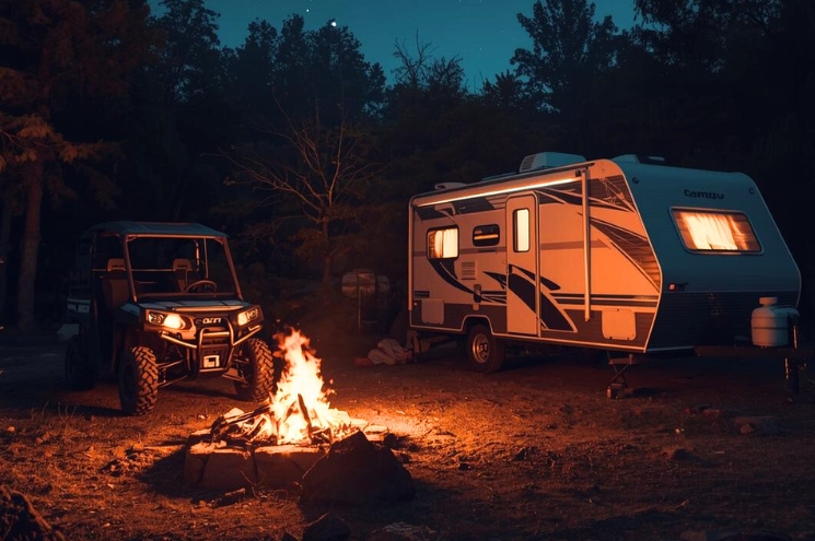 UTV and camper trailer by campfire at night