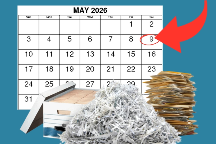 shredded paper by May 2026 calendar with May 9th circled