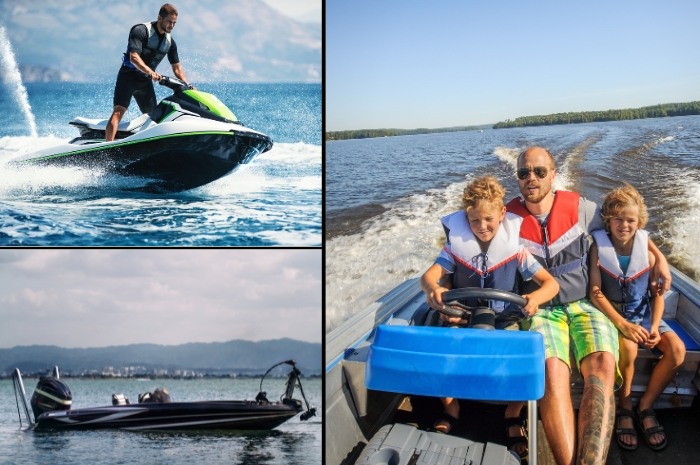 collage showing jet ski bass boat and family on a speed boat