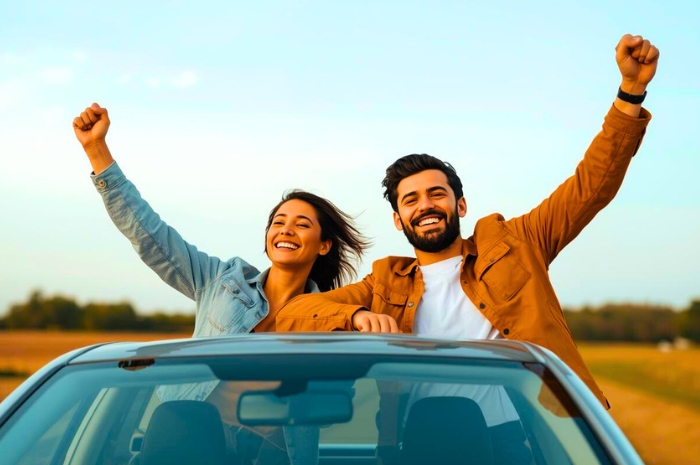 man and woman pump fists sitting in car