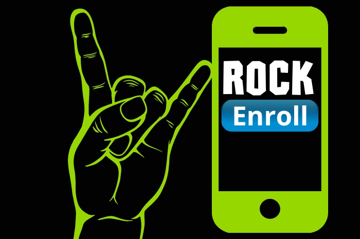 drawing of a hand displaying 'rock horns' and a smart phone displaying 'Rock Enroll'