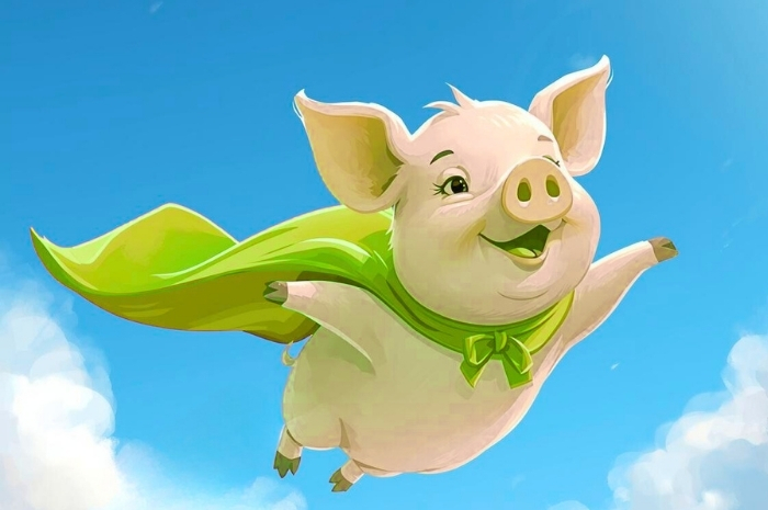 cartoon pig wearing green cape flying in the air