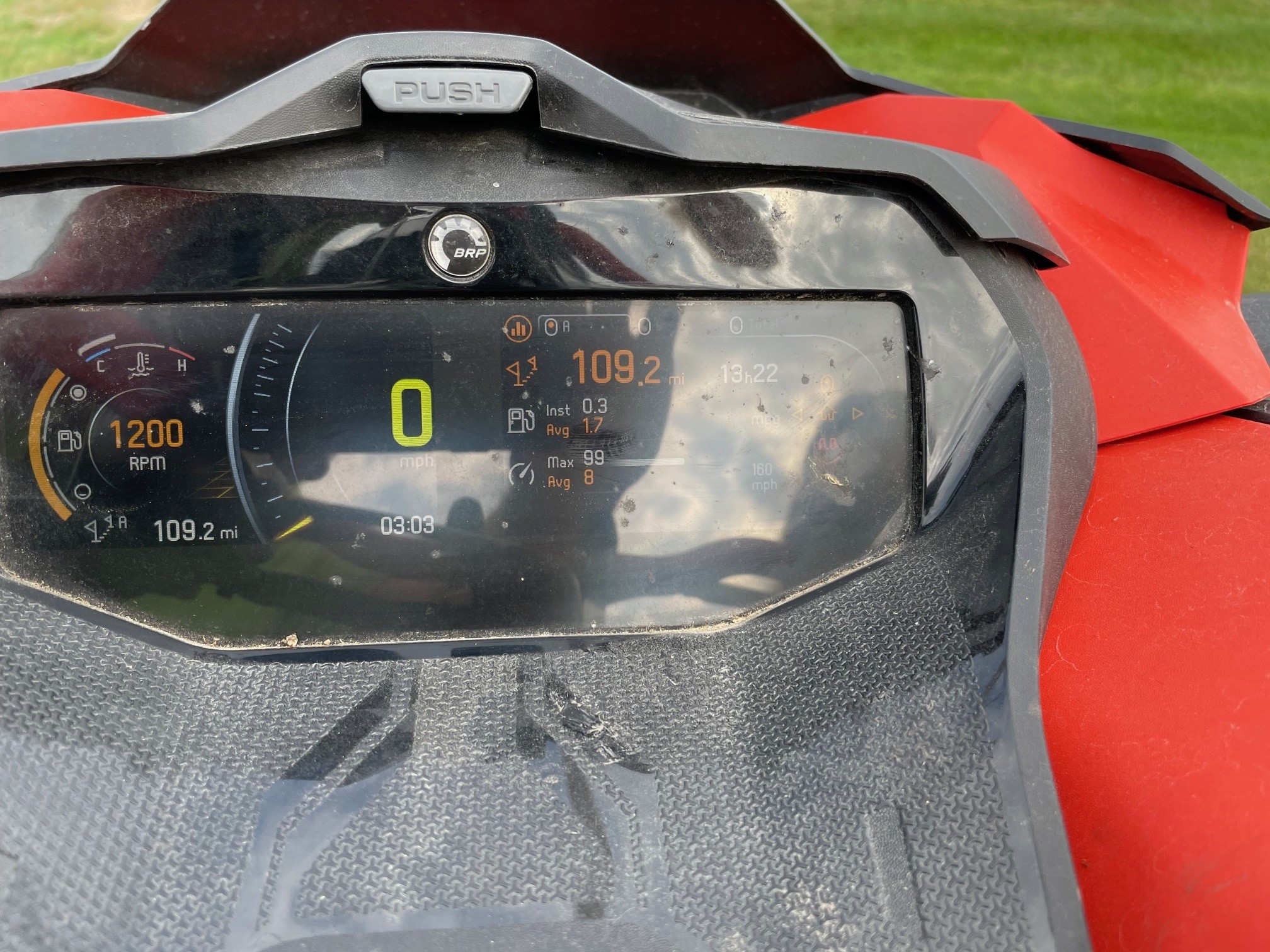 closeup view of 2022 Ski Doo snowmobile mileage gauge