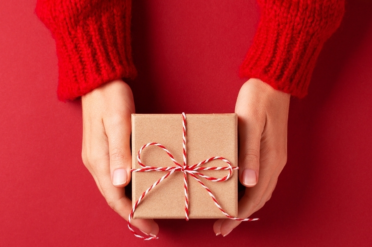 hands of person holding a brown paper package tied with festive string